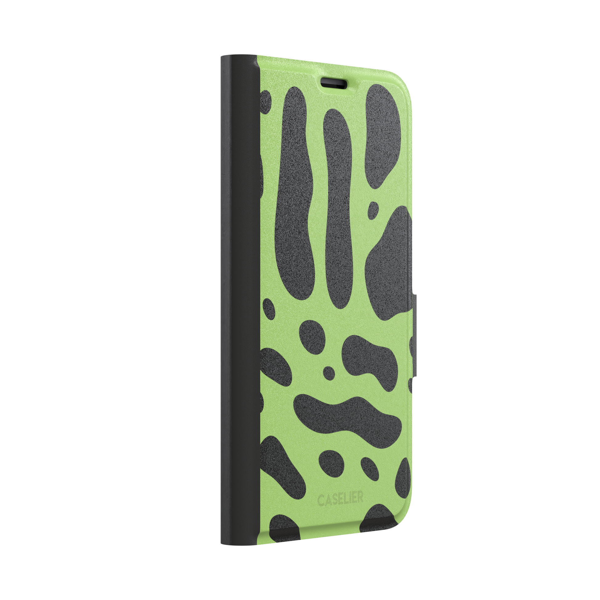 Frog phone case color variant in lime green with oversized black blob animal print spots, phone case by Caselier — wallet case, left view