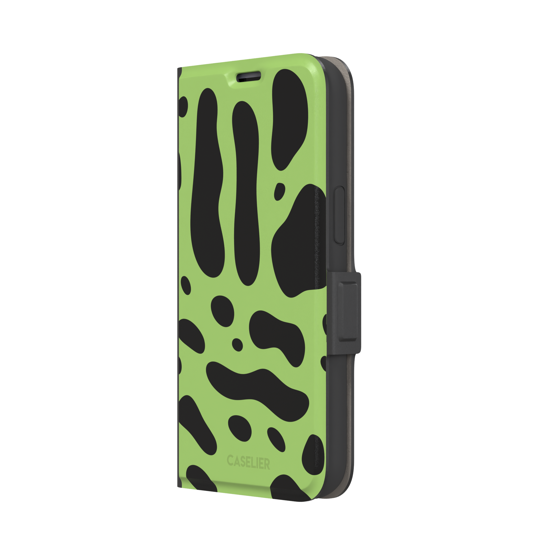 Frog phone case color variant in lime green with oversized black blob animal print spots, phone case by Caselier — wallet case, right view