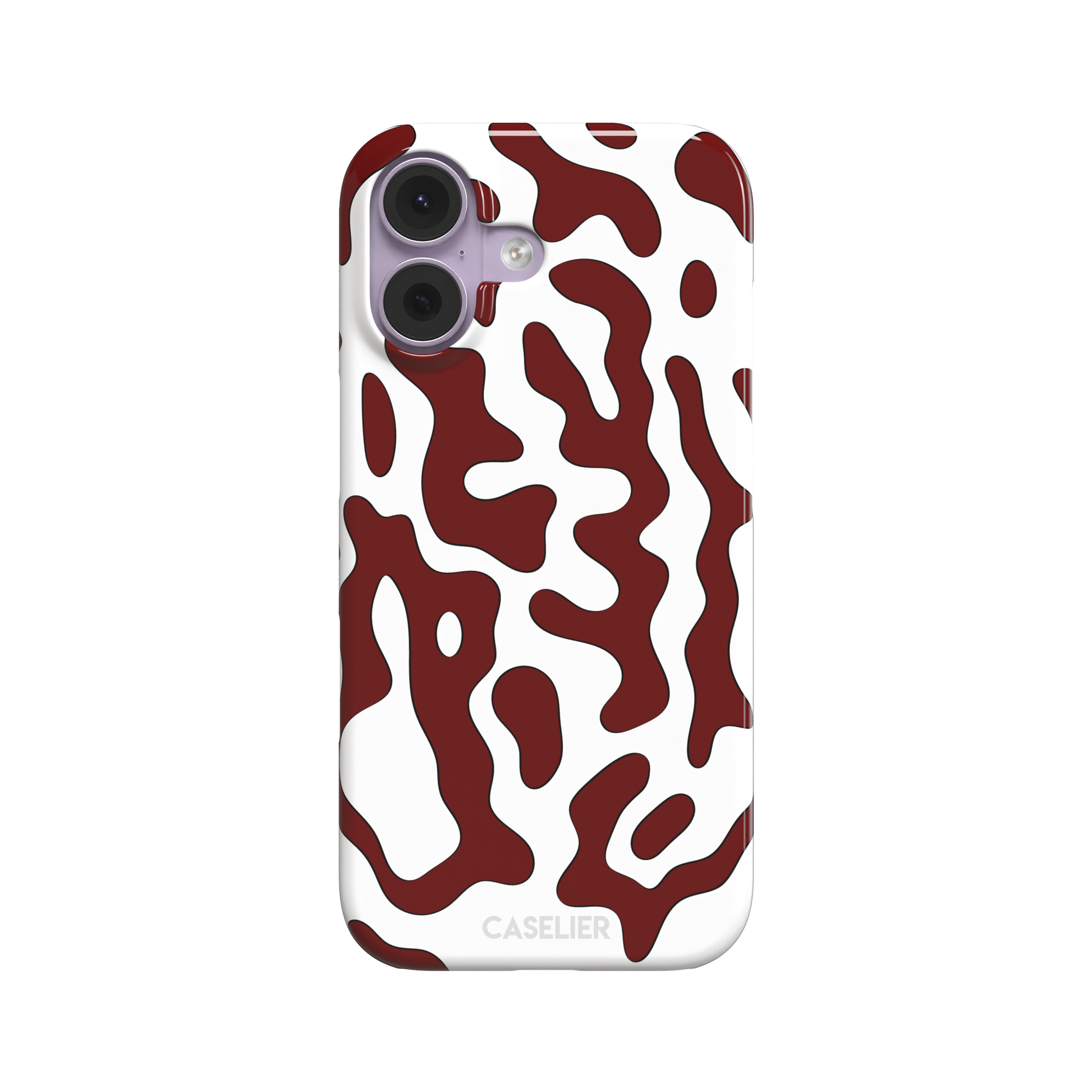 Frog phone case color variant in white with deep burgundy red wavy animal print pattern, phone case by Caselier — snap case, front view