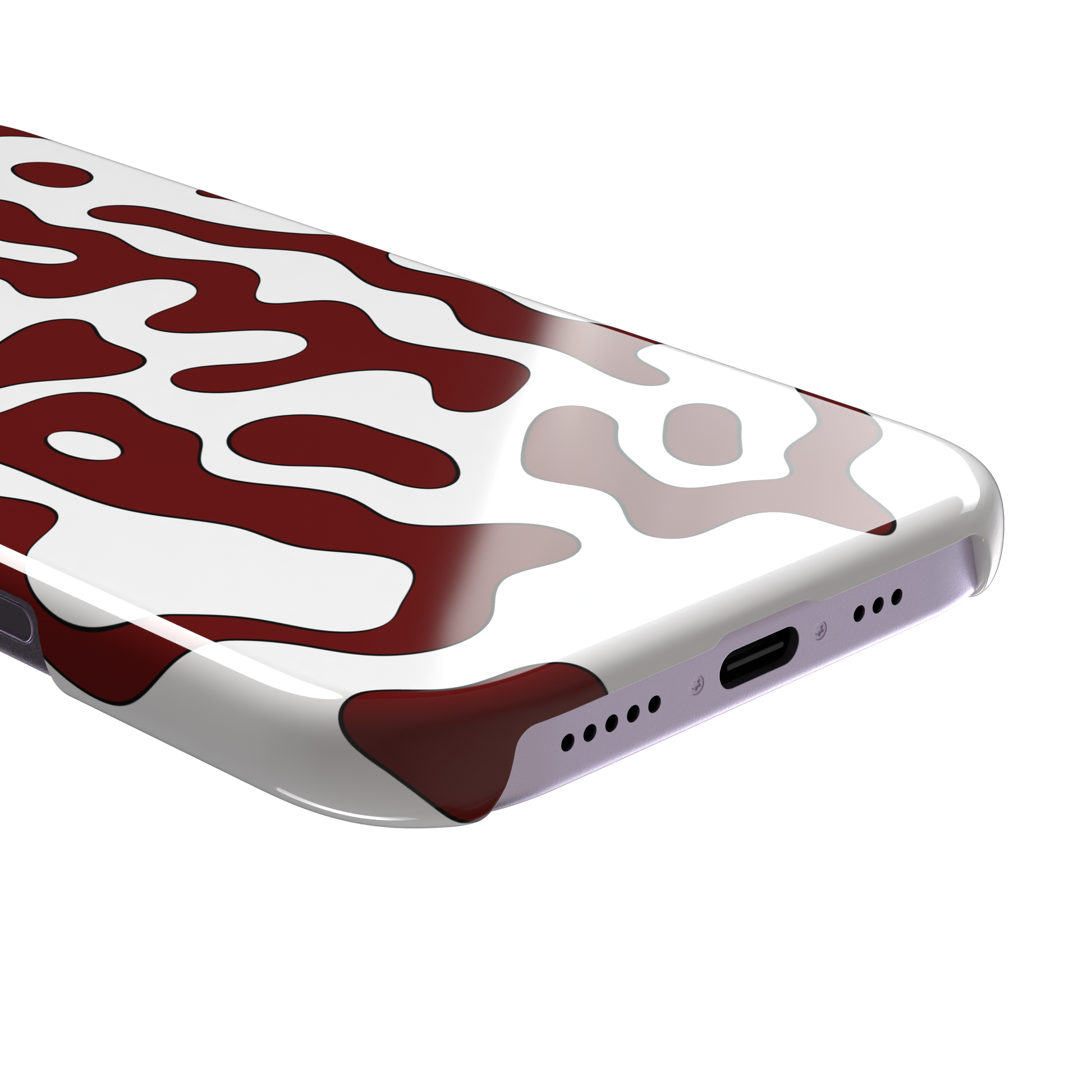 Frog phone case color variant in white with deep burgundy red wavy animal print pattern, phone case by Caselier — snap case, charging port detail