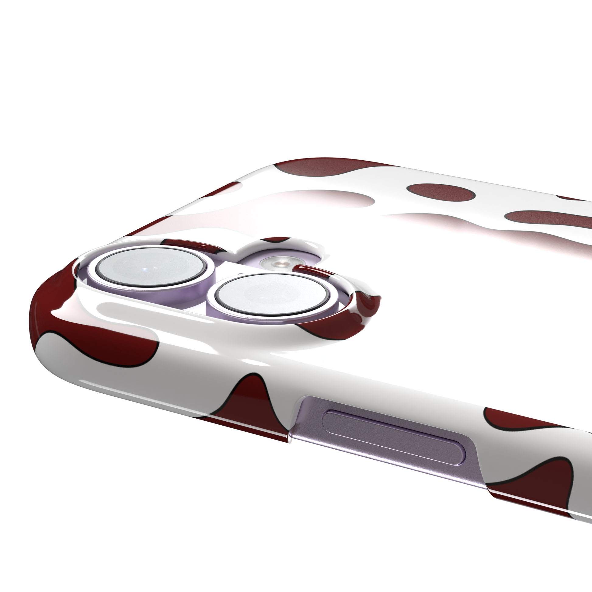 Frog phone case color variant in white with deep burgundy red wavy animal print pattern, phone case by Caselier — snap case, volume buttons detail
