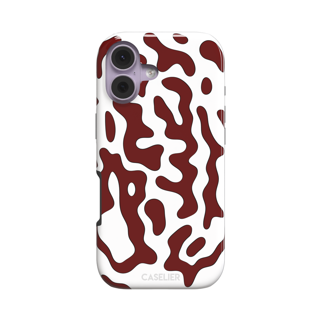 Frog phone case color variant in white with deep burgundy red wavy animal print pattern, phone case by Caselier — tough case, front view