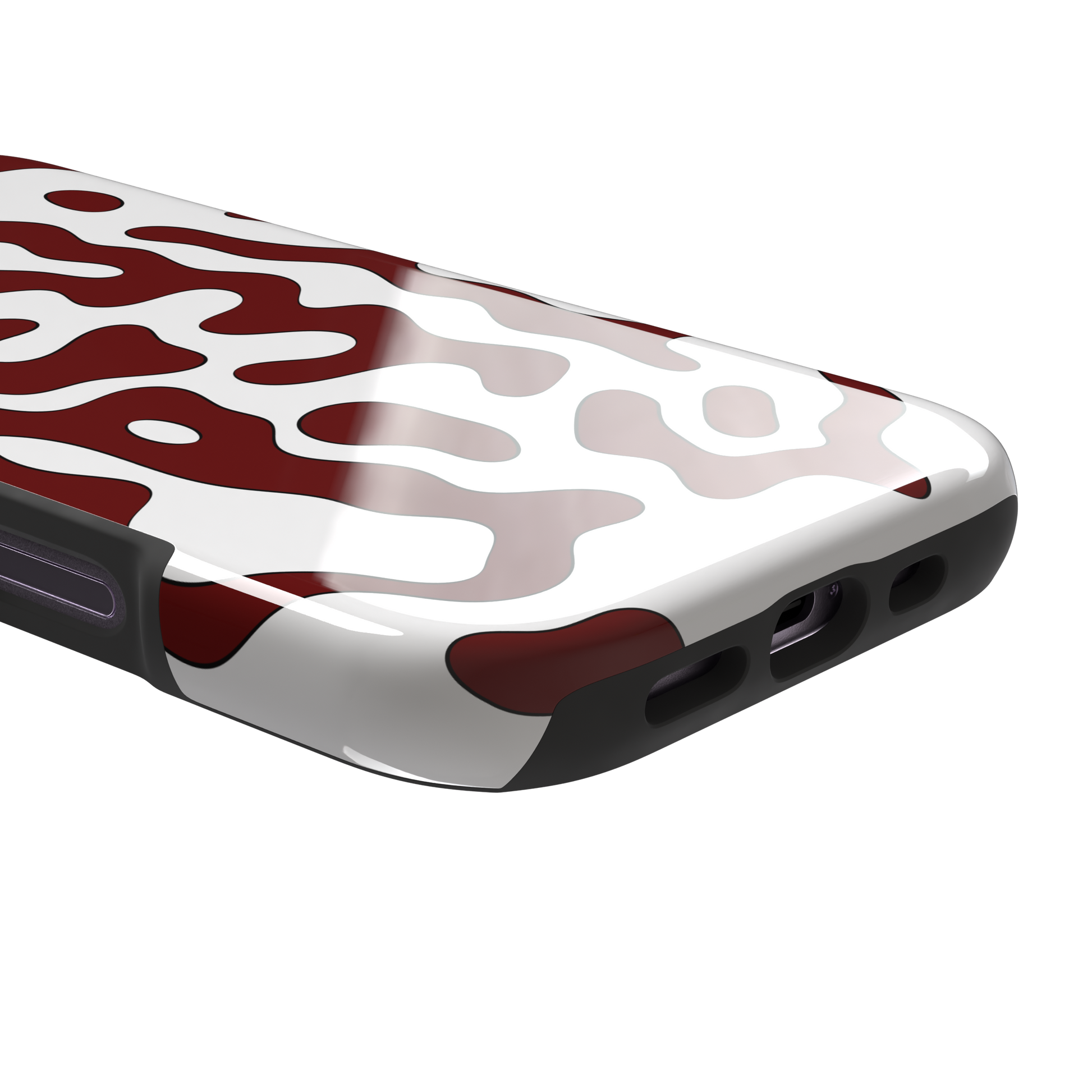 Frog phone case color variant in white with deep burgundy red wavy animal print pattern, phone case by Caselier — tough case, charging port detail