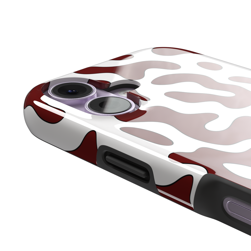 Frog phone case color variant in white with deep burgundy red wavy animal print pattern, phone case by Caselier — tough case, volume buttons detail