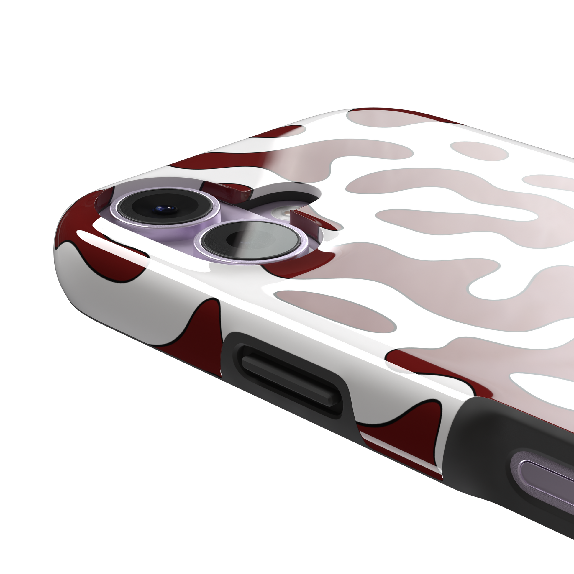 Frog phone case color variant in white with deep burgundy red wavy animal print pattern, phone case by Caselier — tough case, volume buttons detail