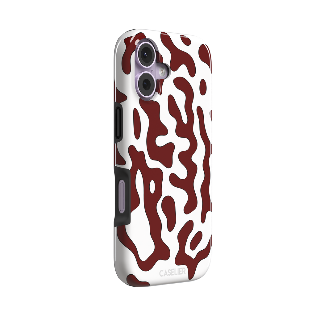 Frog phone case color variant in white with deep burgundy red wavy animal print pattern, phone case by Caselier — tough case, left view