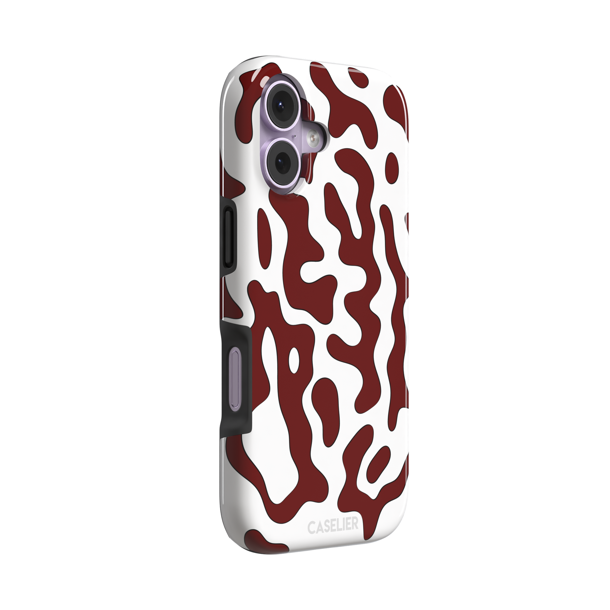 Frog phone case color variant in white with deep burgundy red wavy animal print pattern, phone case by Caselier — tough case, left view