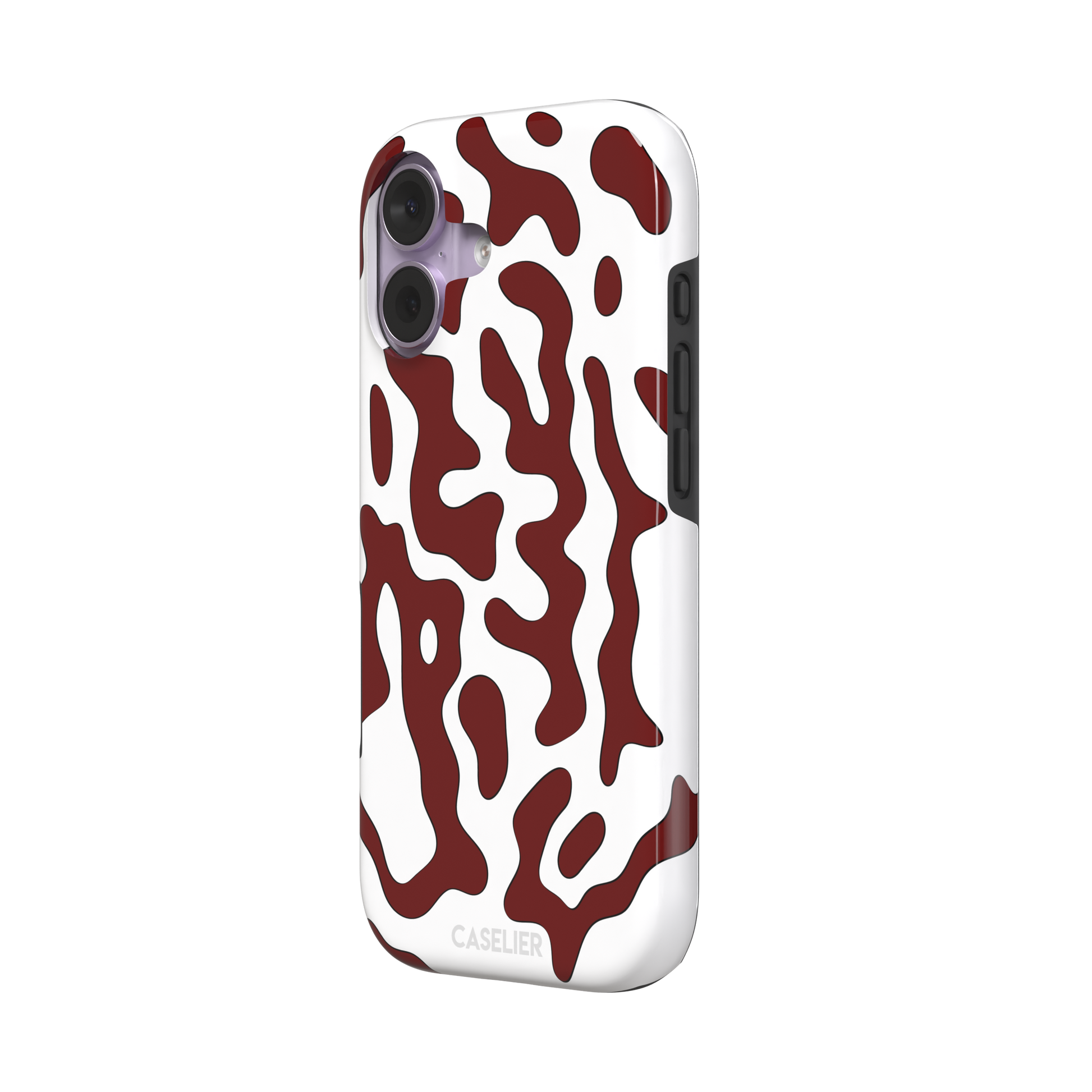 Frog phone case color variant in white with deep burgundy red wavy animal print pattern, phone case by Caselier — tough case, right view