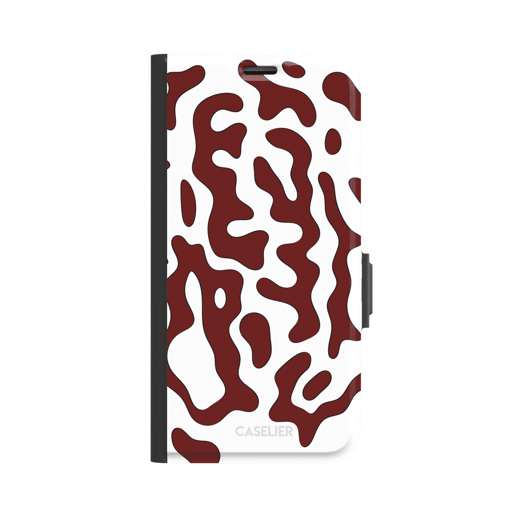 Frog phone case color variant in white with deep burgundy red wavy animal print pattern, phone case by Caselier — wallet case, front view