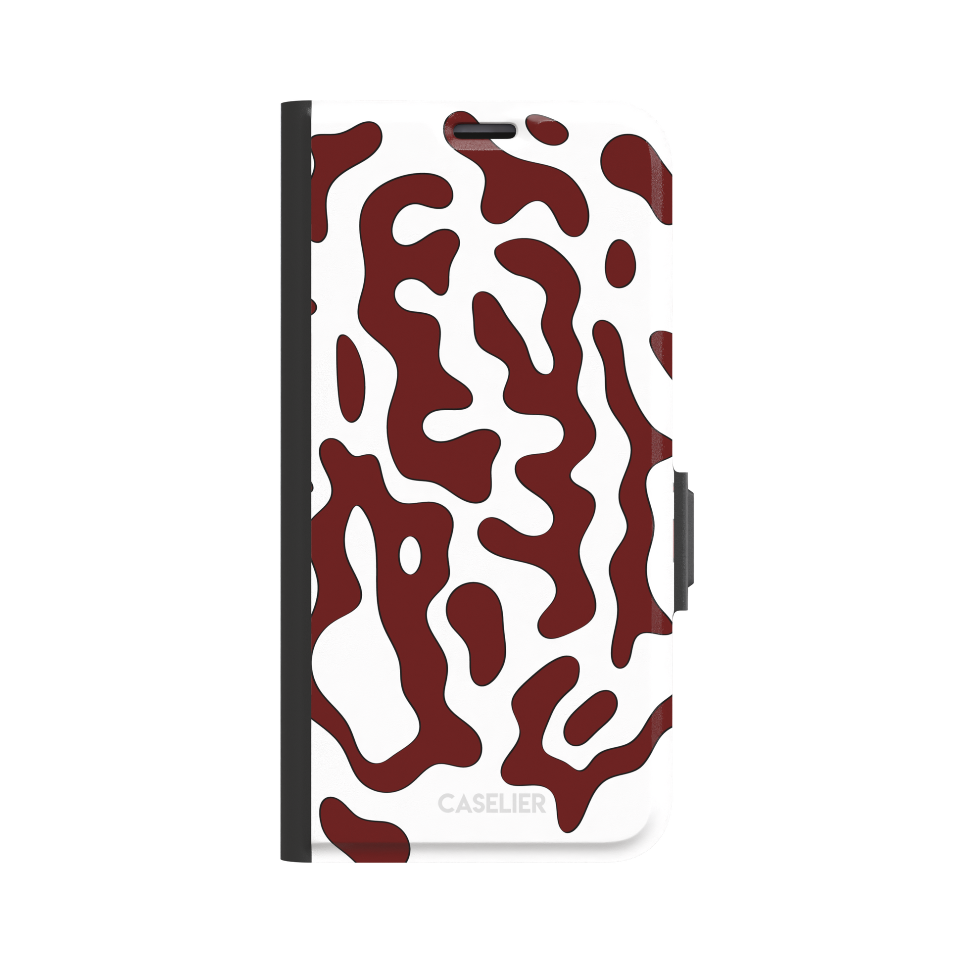 Frog phone case color variant in white with deep burgundy red wavy animal print pattern, phone case by Caselier — wallet case, front view