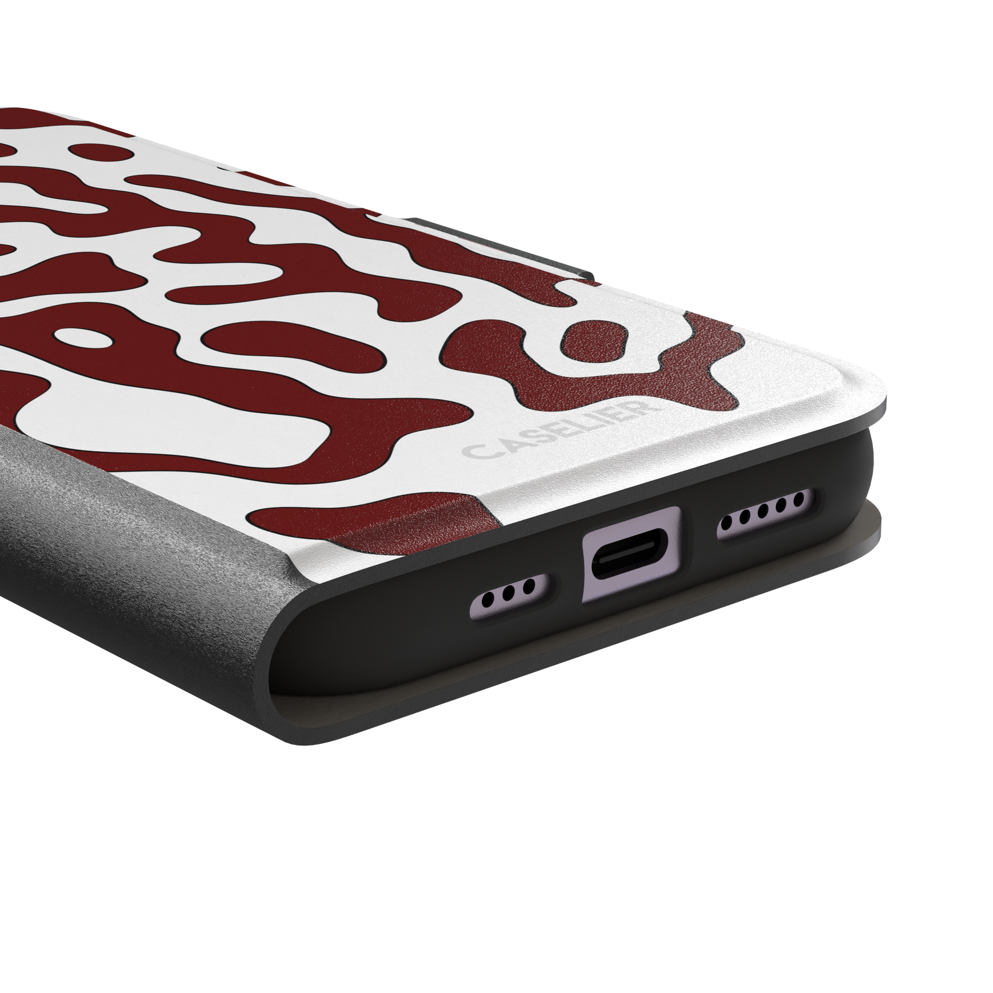 Frog phone case color variant in white with deep burgundy red wavy animal print pattern, phone case by Caselier — wallet case, charging port detail