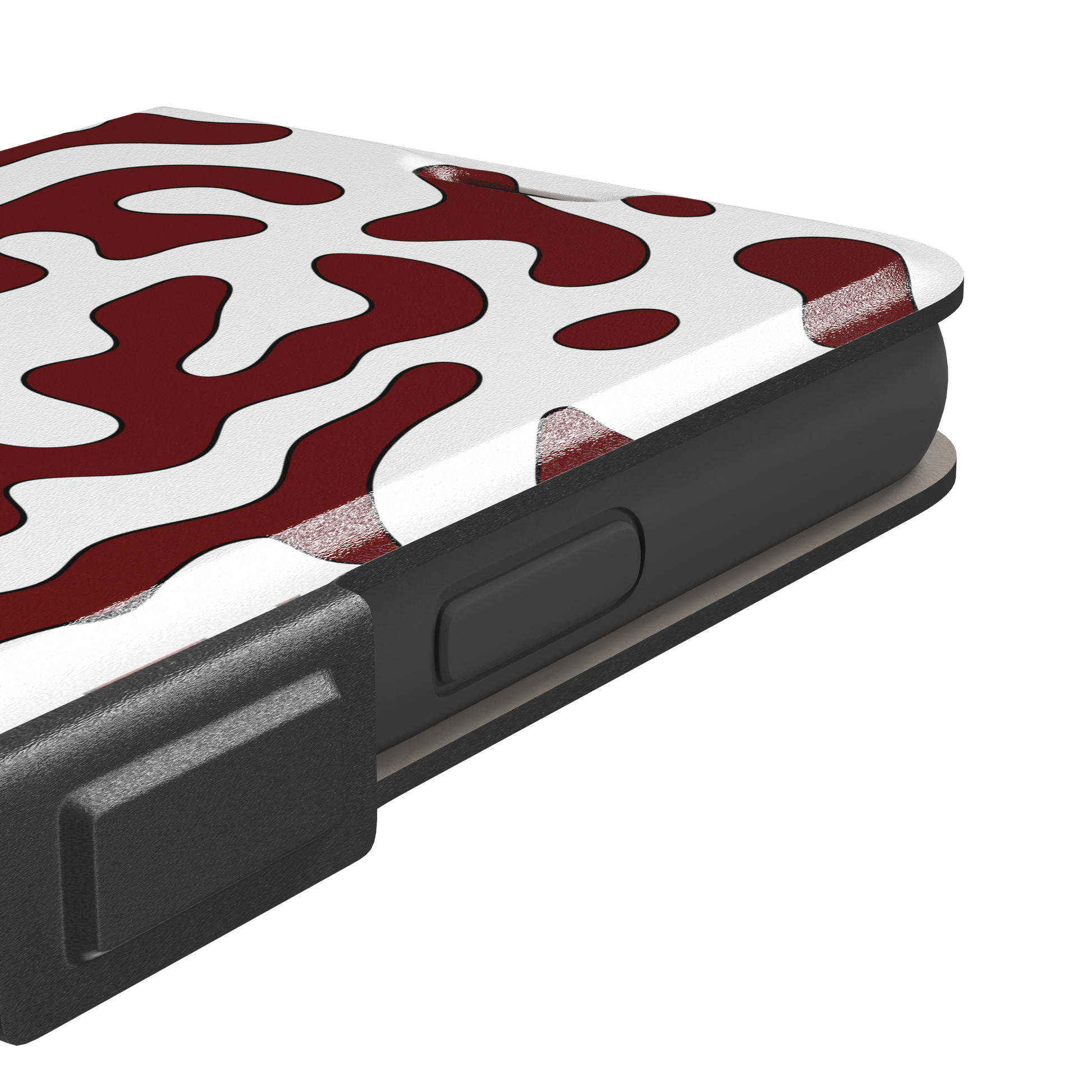 Frog phone case color variant in white with deep burgundy red wavy animal print pattern, phone case by Caselier — wallet case, volume buttons detail