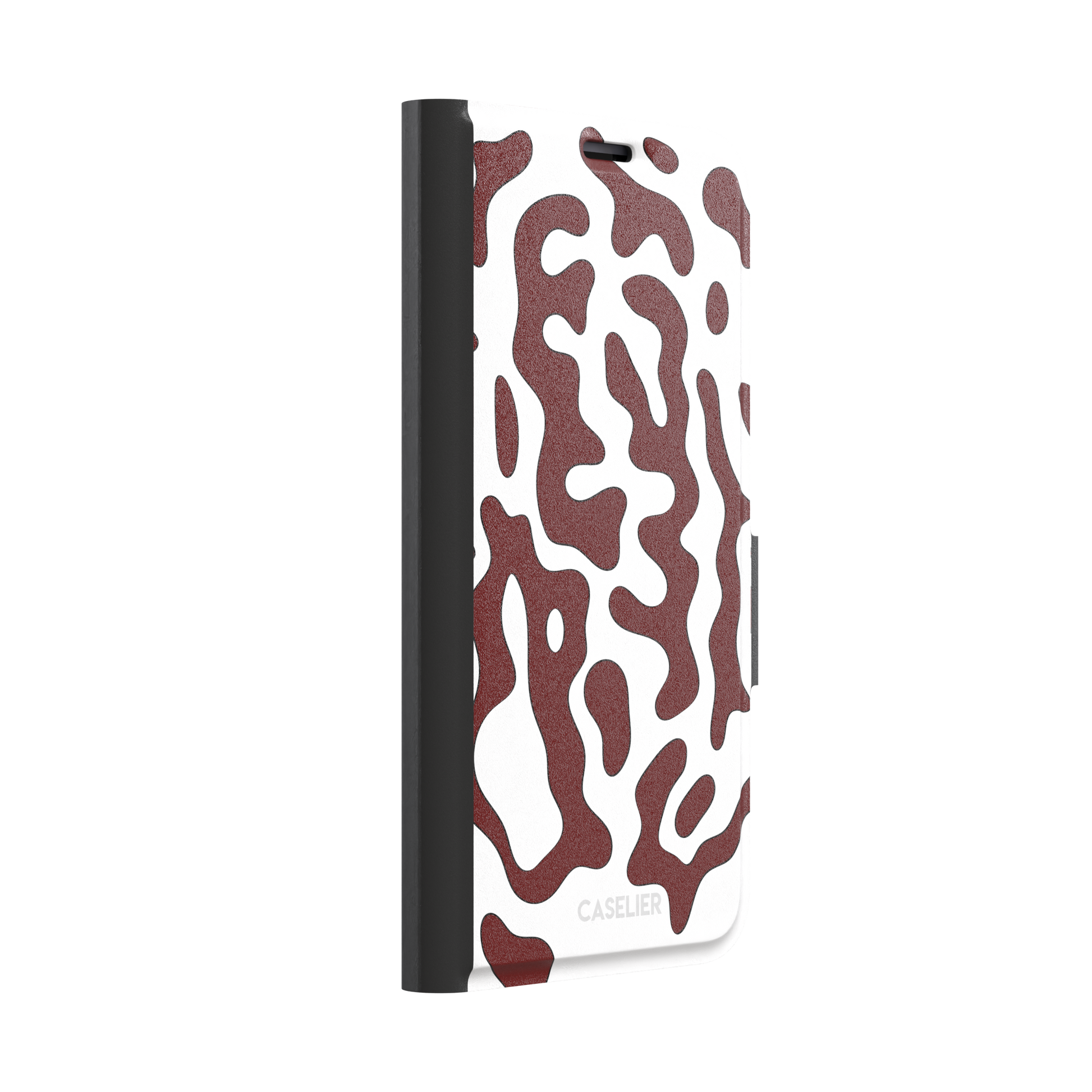 Frog phone case color variant in white with deep burgundy red wavy animal print pattern, phone case by Caselier — wallet case, left view