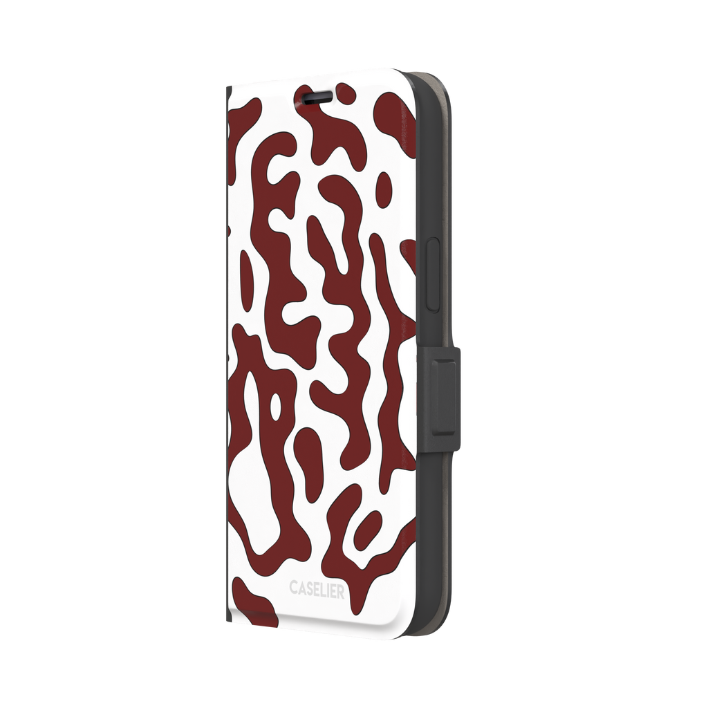 Frog phone case color variant in white with deep burgundy red wavy animal print pattern, phone case by Caselier — wallet case, right view