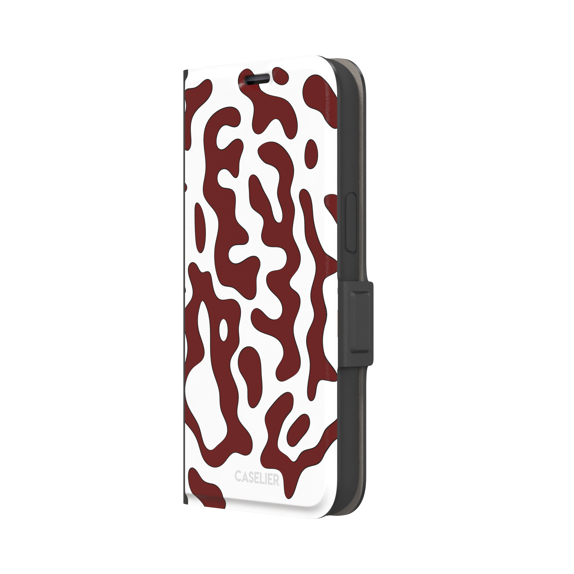 Frog phone case color variant in white with deep burgundy red wavy animal print pattern, phone case by Caselier — wallet case, right view