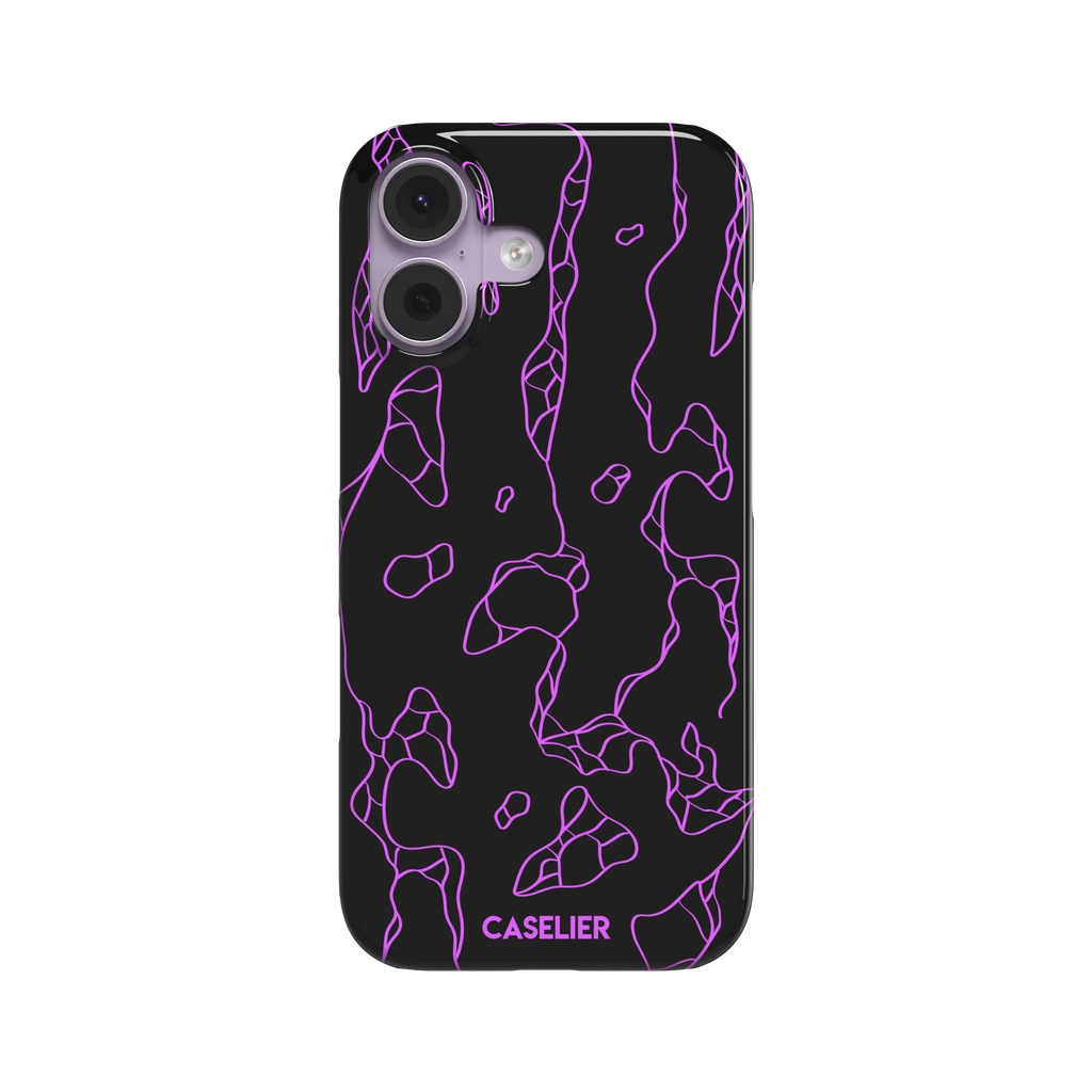 Frog phone case color variant in black with neon purple outline abstract animal print pattern, phone case by Caselier — snap case, front view