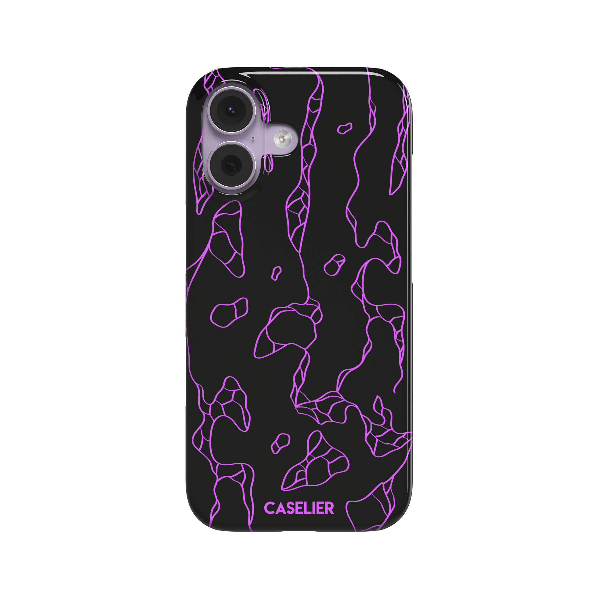 Frog phone case color variant in black with neon purple outline abstract animal print pattern, phone case by Caselier — snap case, front view