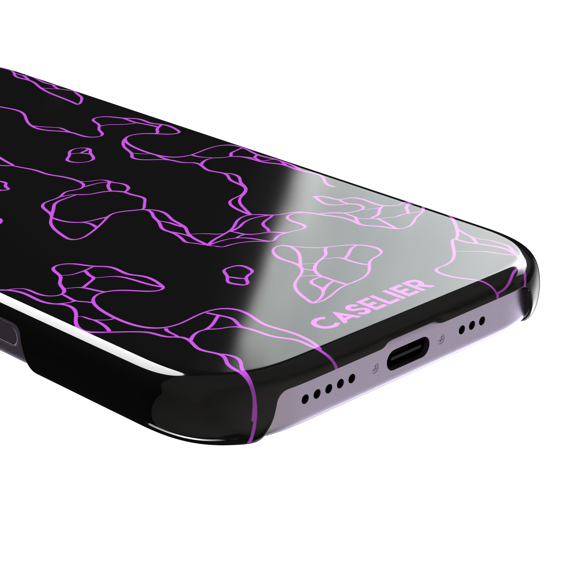 Frog phone case color variant in black with neon purple outline abstract animal print pattern, phone case by Caselier — snap case, charging port detail