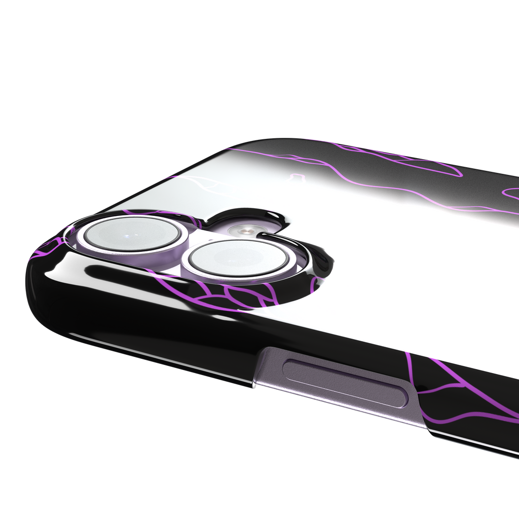 Frog phone case color variant in black with neon purple outline abstract animal print pattern, phone case by Caselier — snap case, volume buttons detail