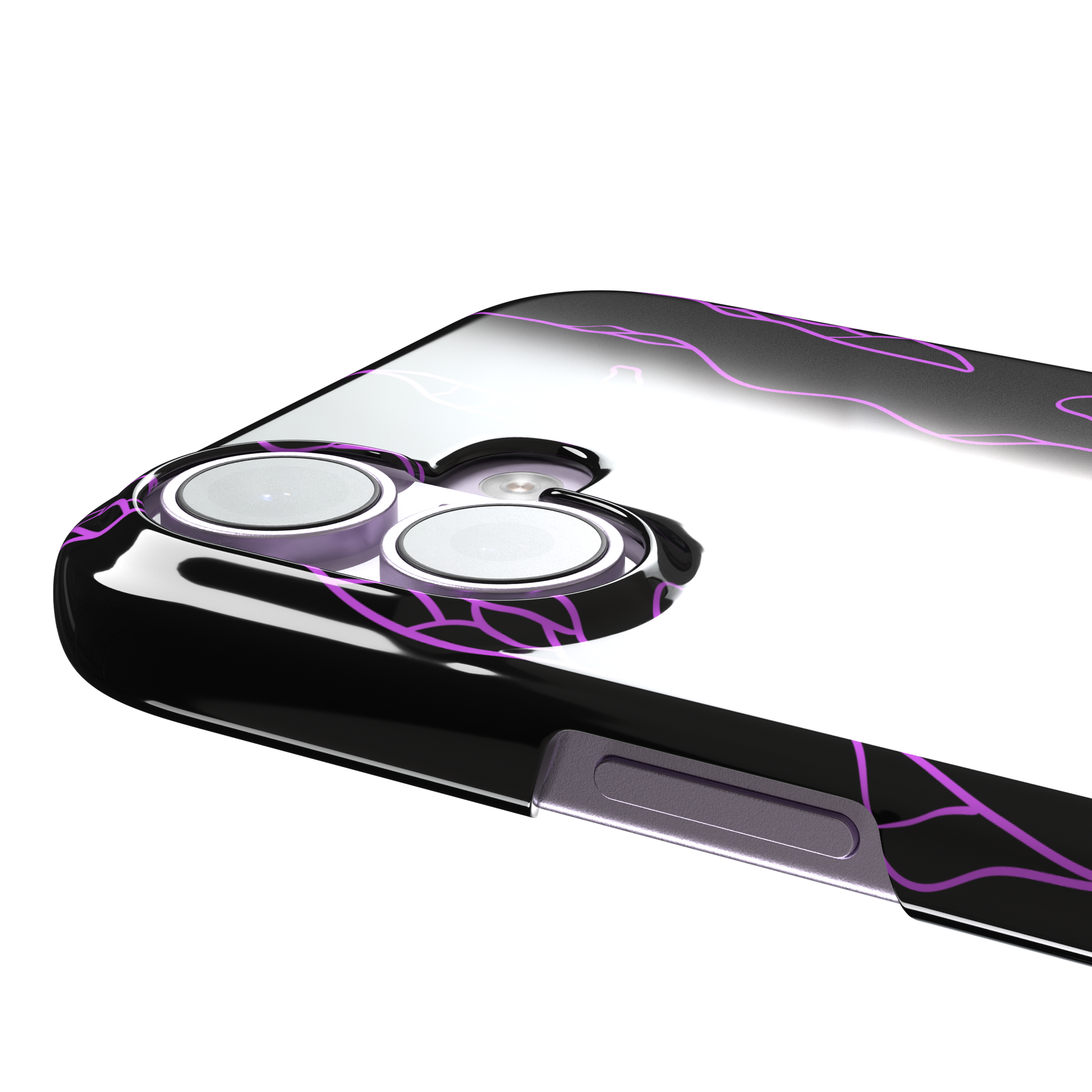 Frog phone case color variant in black with neon purple outline abstract animal print pattern, phone case by Caselier — snap case, volume buttons detail