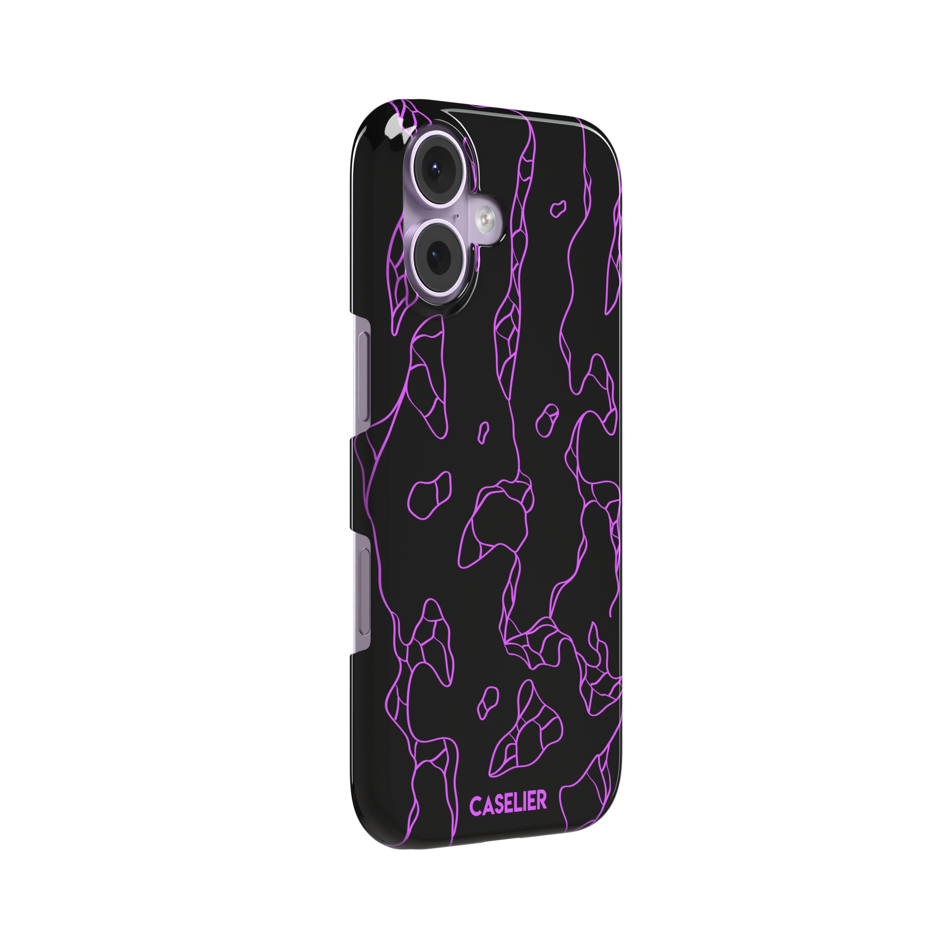 Frog phone case color variant in black with neon purple outline abstract animal print pattern, phone case by Caselier — snap case, left view