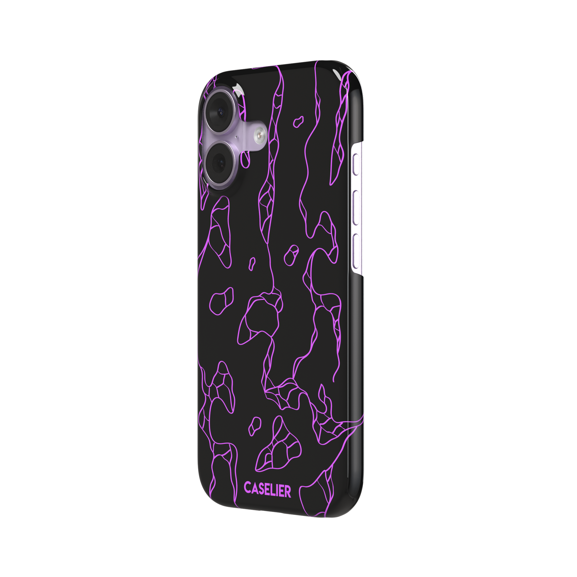 Frog phone case color variant in black with neon purple outline abstract animal print pattern, phone case by Caselier — snap case, right view