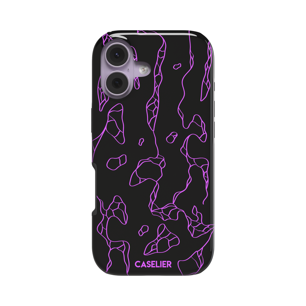 Frog phone case color variant in black with neon purple outline abstract animal print pattern, phone case by Caselier — tough case, front view