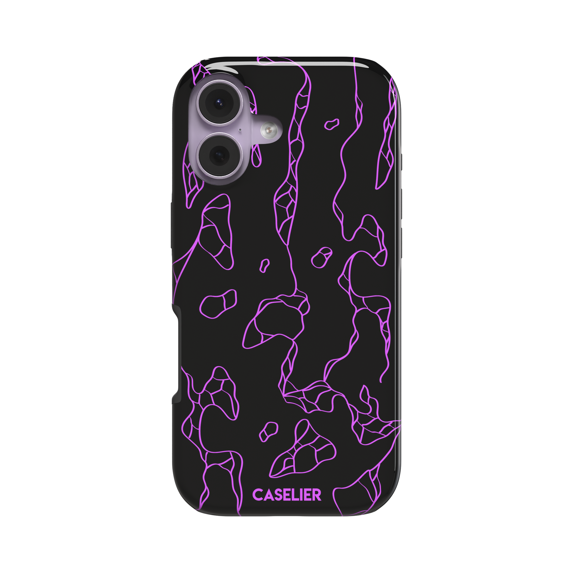 Frog phone case color variant in black with neon purple outline abstract animal print pattern, phone case by Caselier — tough case, front view