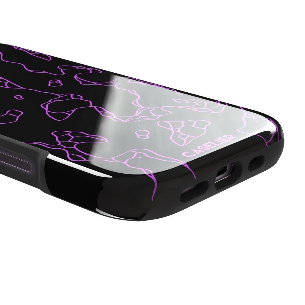 Frog phone case color variant in black with neon purple outline abstract animal print pattern, phone case by Caselier — tough case, charging port detail