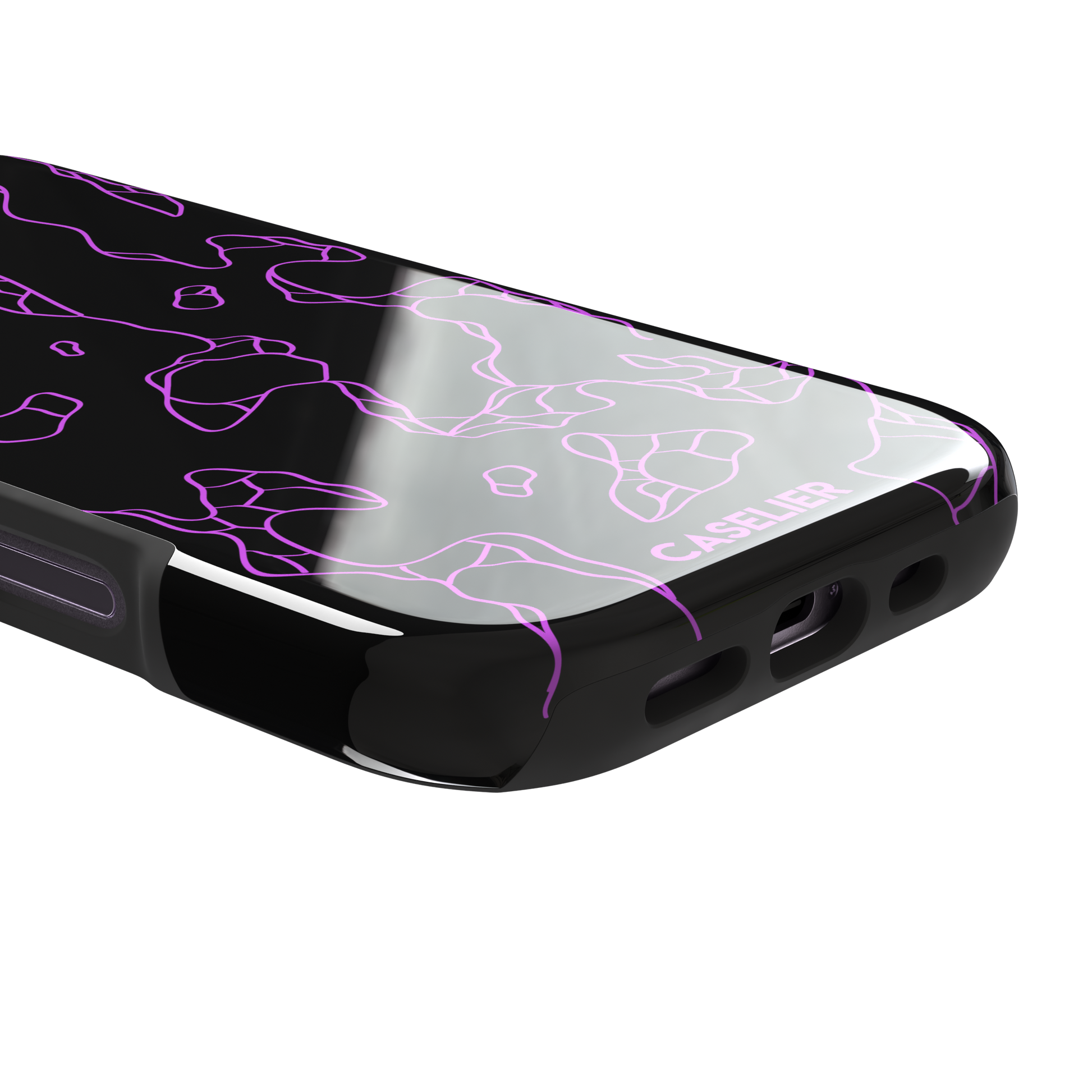 Frog phone case color variant in black with neon purple outline abstract animal print pattern, phone case by Caselier — tough case, charging port detail