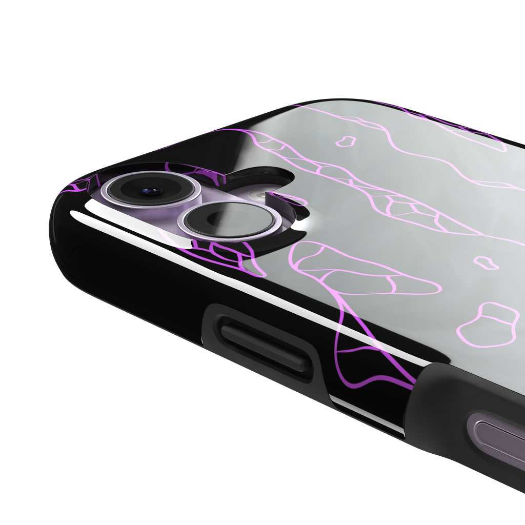 Frog phone case color variant in black with neon purple outline abstract animal print pattern, phone case by Caselier — tough case, volume buttons detail