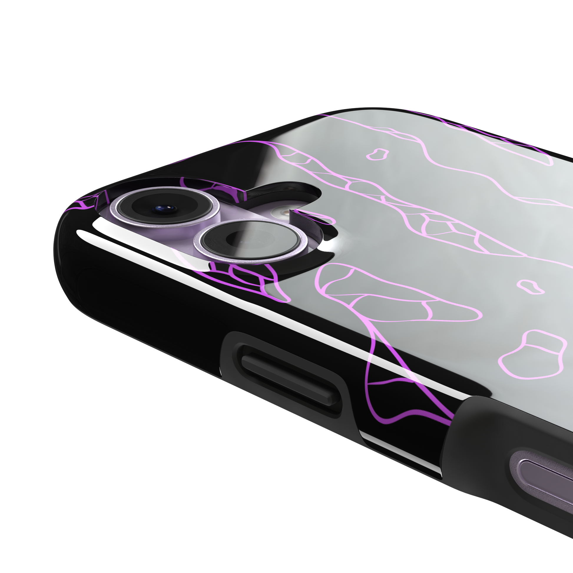 Frog phone case color variant in black with neon purple outline abstract animal print pattern, phone case by Caselier — tough case, volume buttons detail
