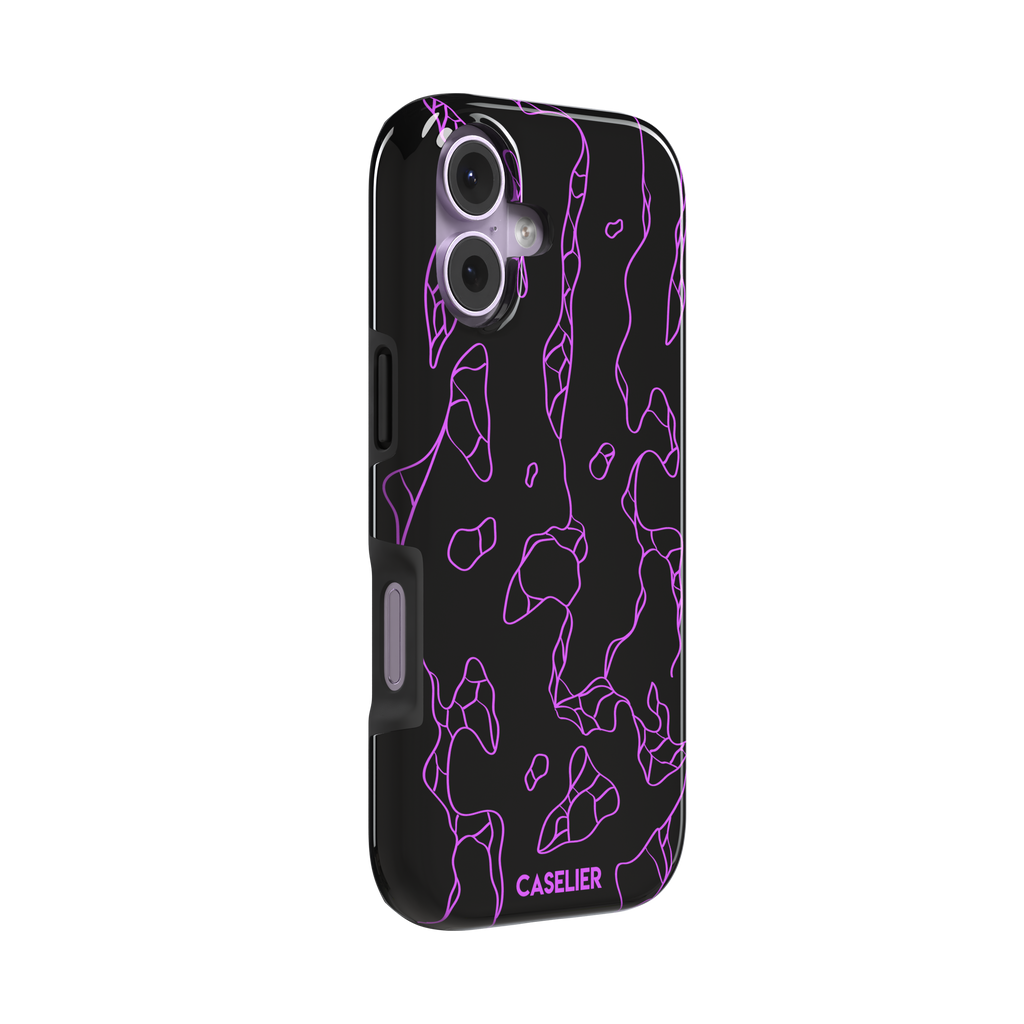 Frog phone case color variant in black with neon purple outline abstract animal print pattern, phone case by Caselier — tough case, left view