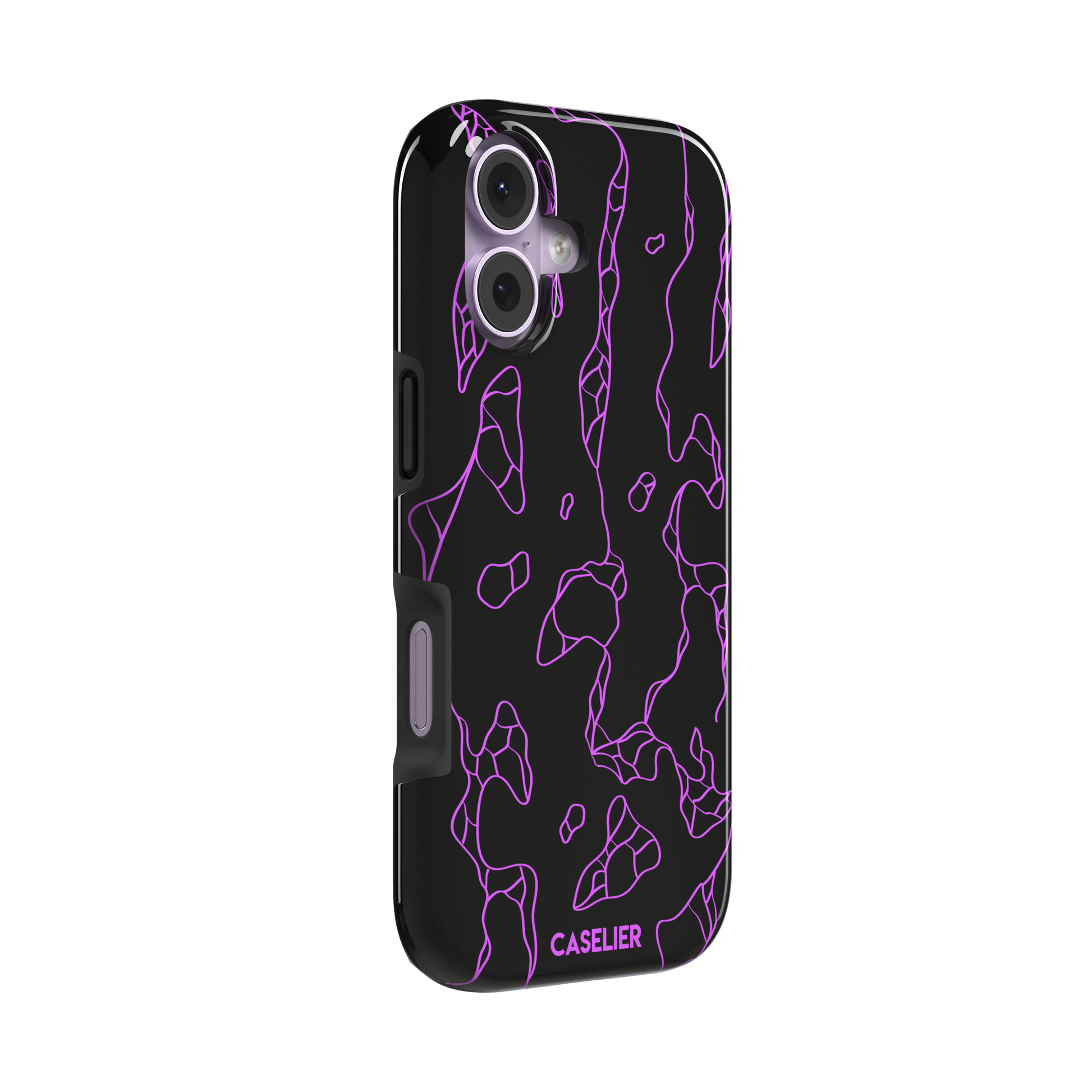 Frog phone case color variant in black with neon purple outline abstract animal print pattern, phone case by Caselier — tough case, left view