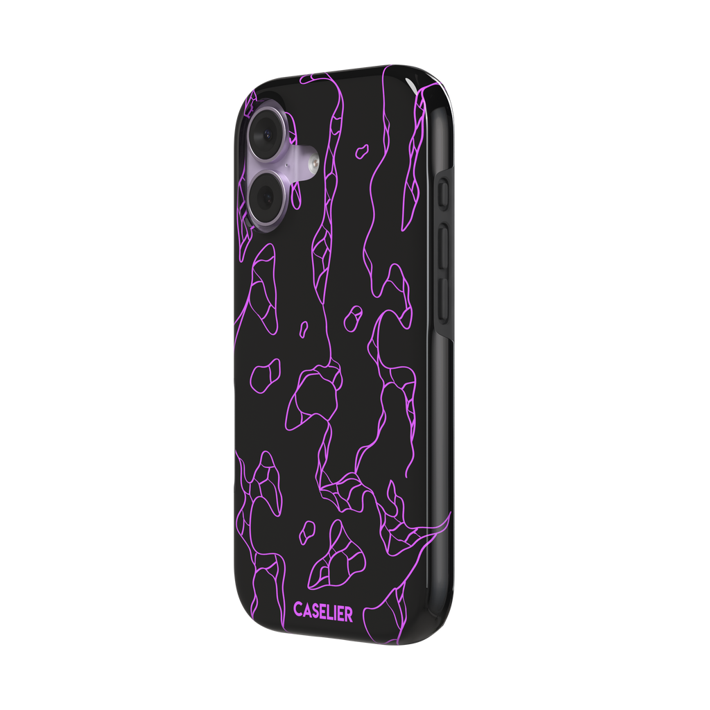 Frog phone case color variant in black with neon purple outline abstract animal print pattern, phone case by Caselier — tough case, right view