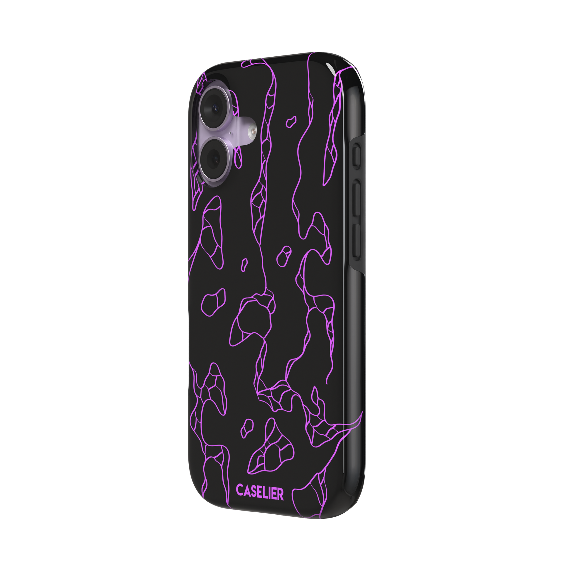 Frog phone case color variant in black with neon purple outline abstract animal print pattern, phone case by Caselier — tough case, right view