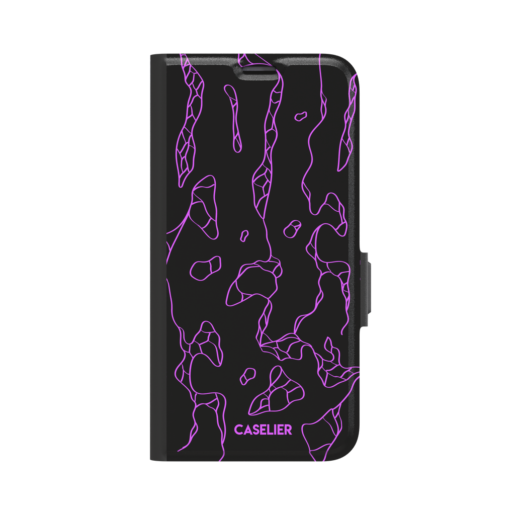 Frog phone case color variant in black with neon purple outline abstract animal print pattern, phone case by Caselier — wallet case, front view