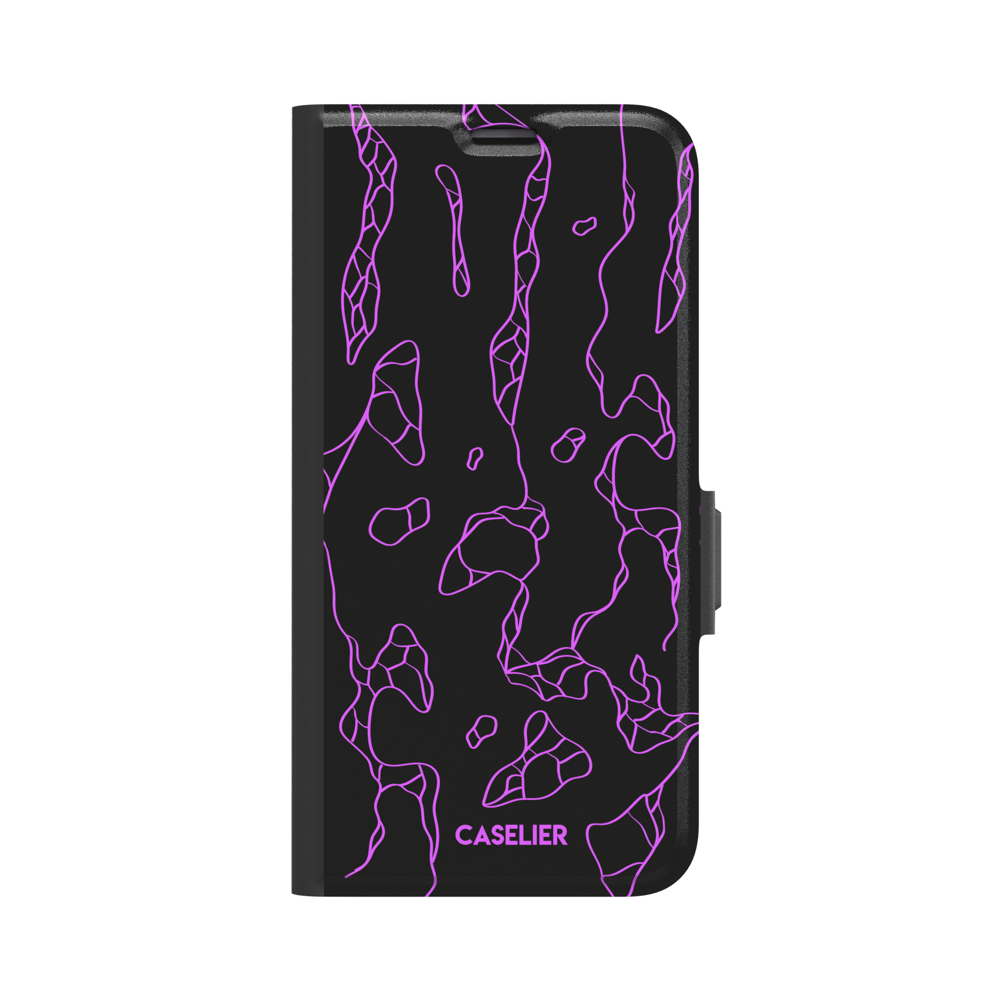 Frog phone case color variant in black with neon purple outline abstract animal print pattern, phone case by Caselier — wallet case, front view