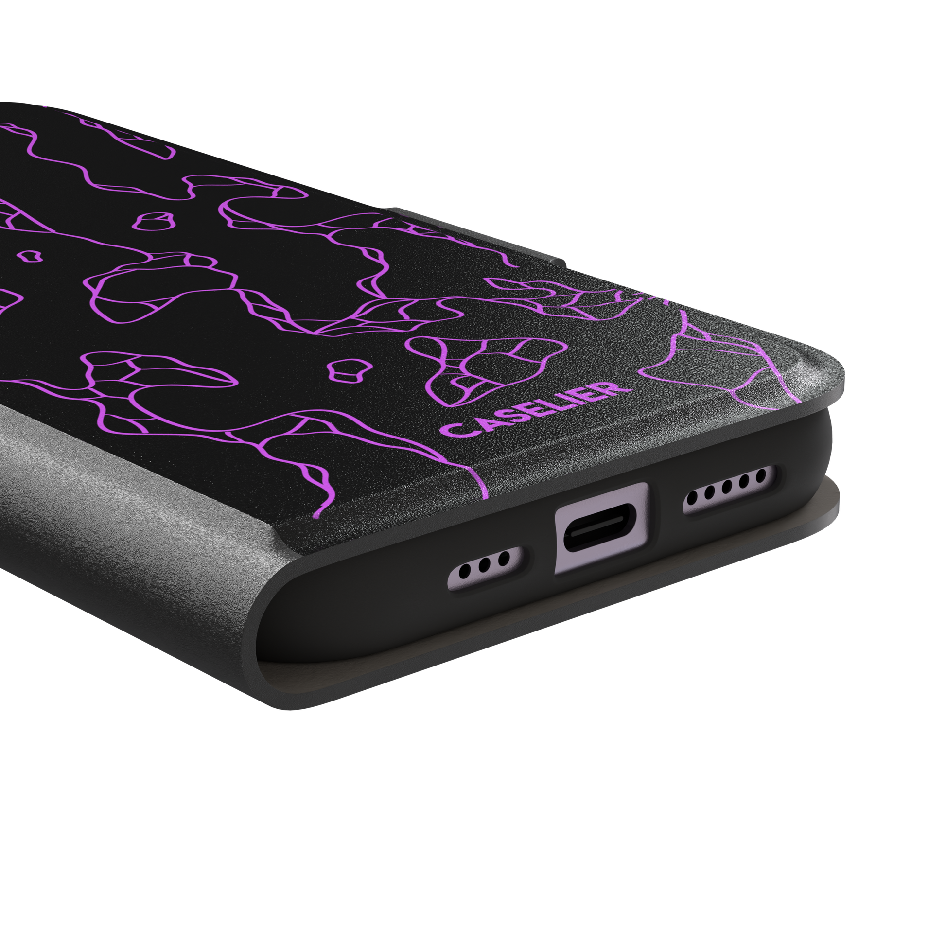 Frog phone case color variant in black with neon purple outline abstract animal print pattern, phone case by Caselier — wallet case, charging port detail