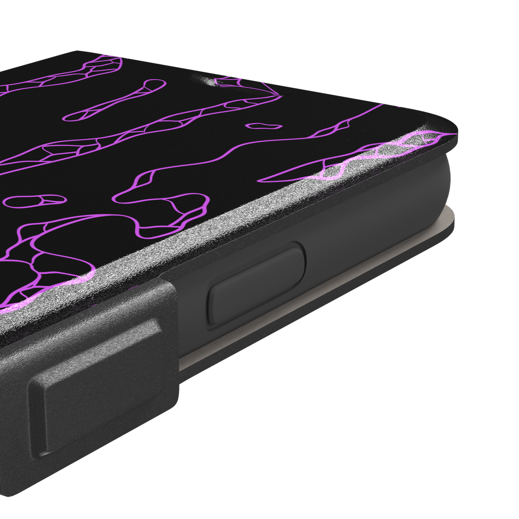 Frog phone case color variant in black with neon purple outline abstract animal print pattern, phone case by Caselier — wallet case, volume buttons detail