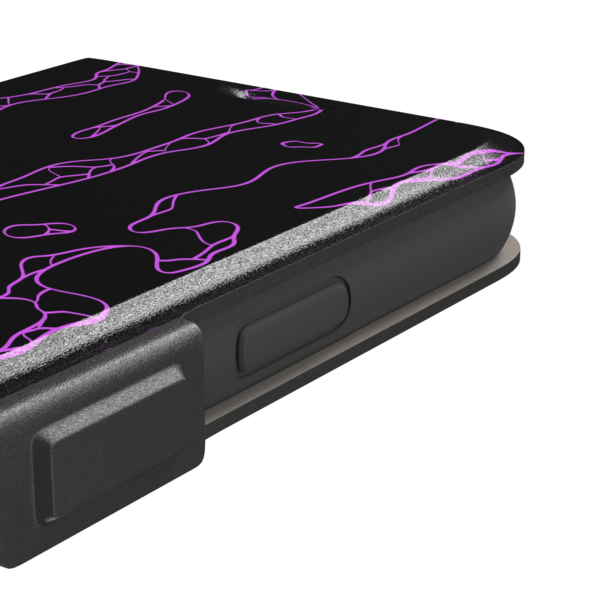 Frog phone case color variant in black with neon purple outline abstract animal print pattern, phone case by Caselier — wallet case, volume buttons detail