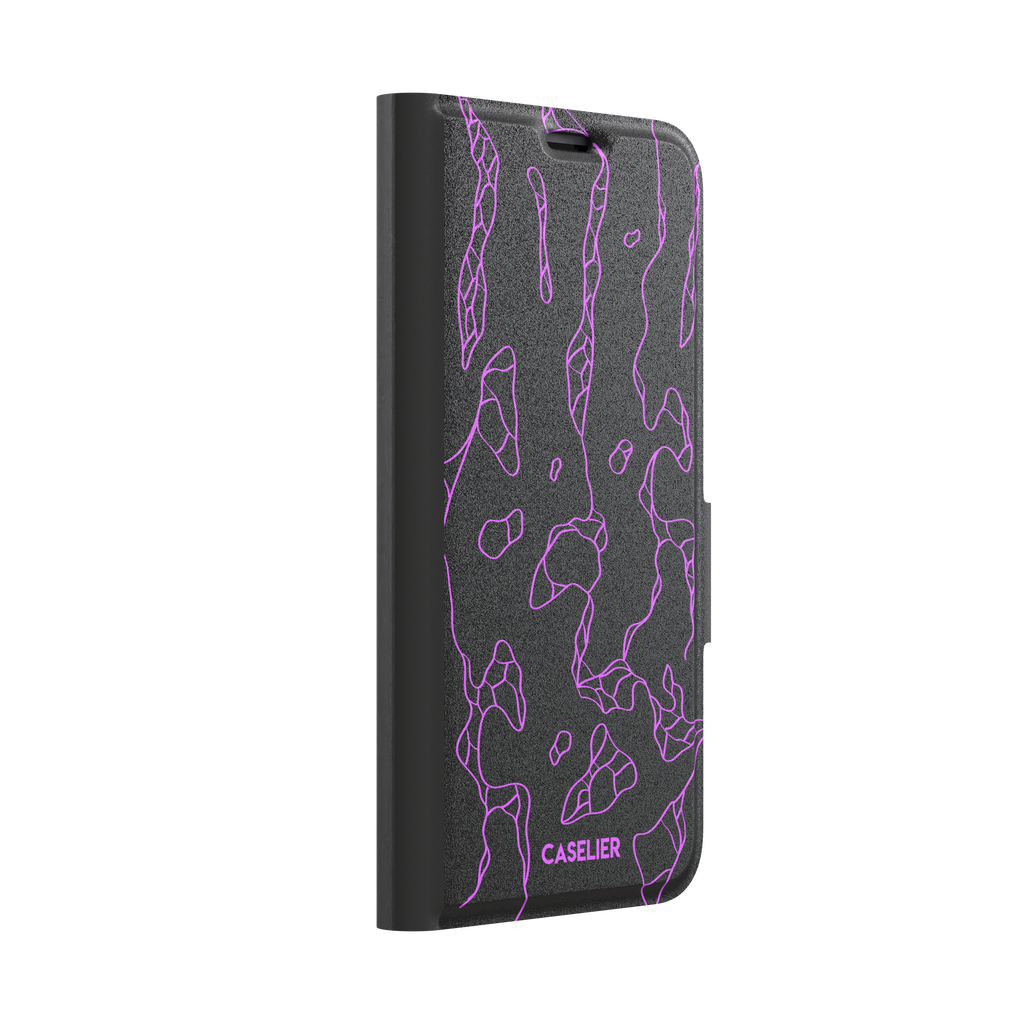 Frog phone case color variant in black with neon purple outline abstract animal print pattern, phone case by Caselier — wallet case, left view