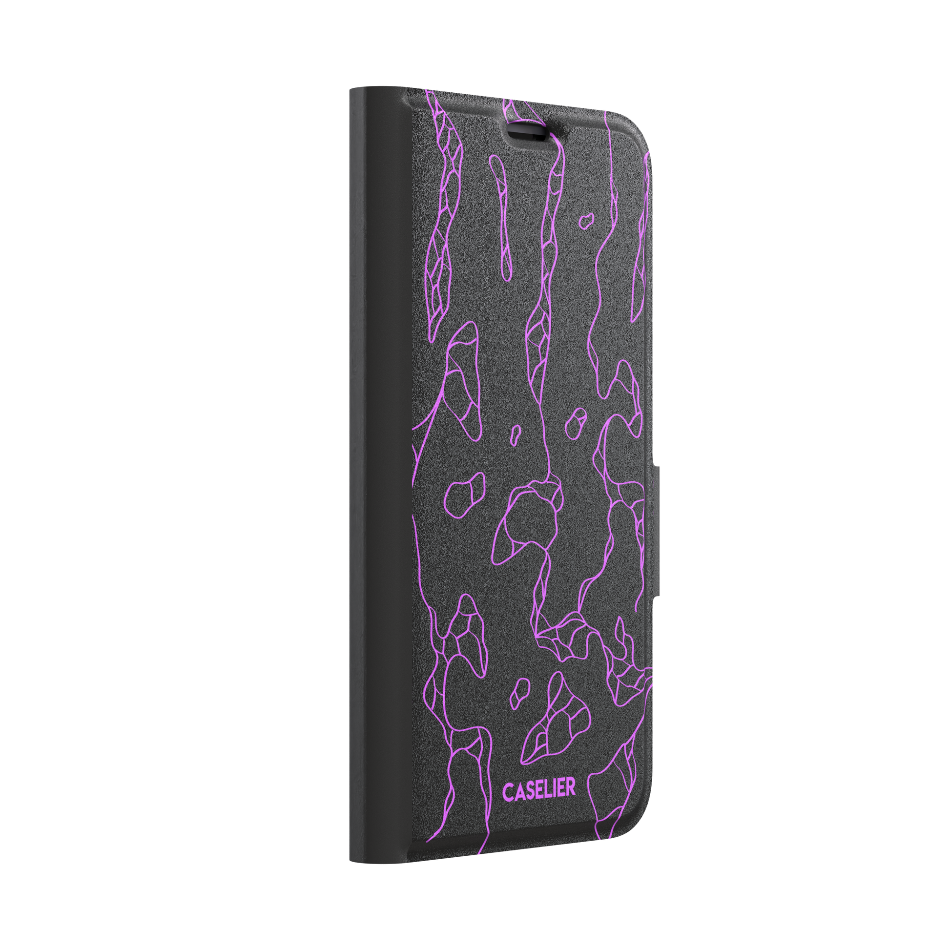 Frog phone case color variant in black with neon purple outline abstract animal print pattern, phone case by Caselier — wallet case, left view