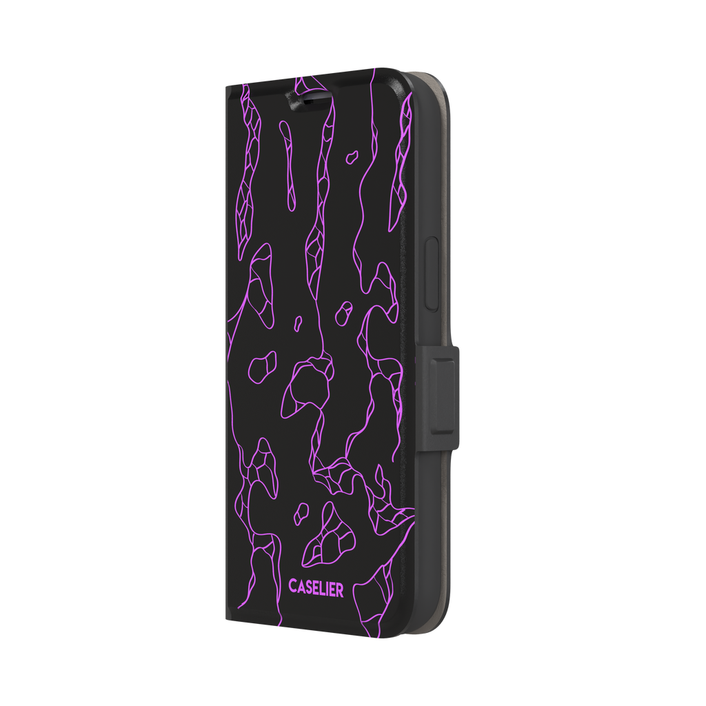 Frog phone case color variant in black with neon purple outline abstract animal print pattern, phone case by Caselier — wallet case, right view