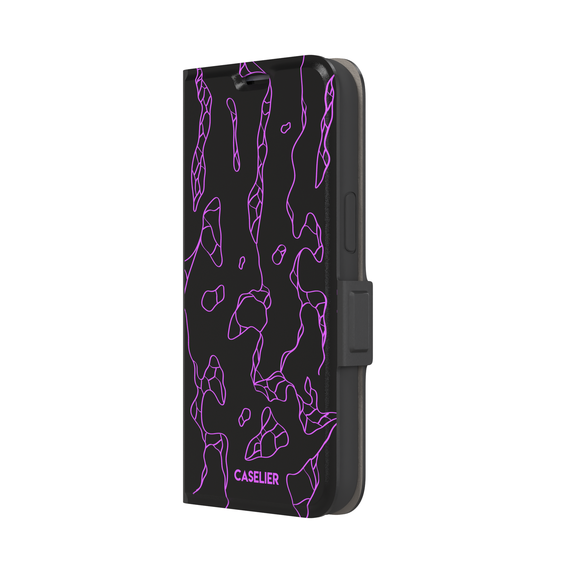 Frog phone case color variant in black with neon purple outline abstract animal print pattern, phone case by Caselier — wallet case, right view
