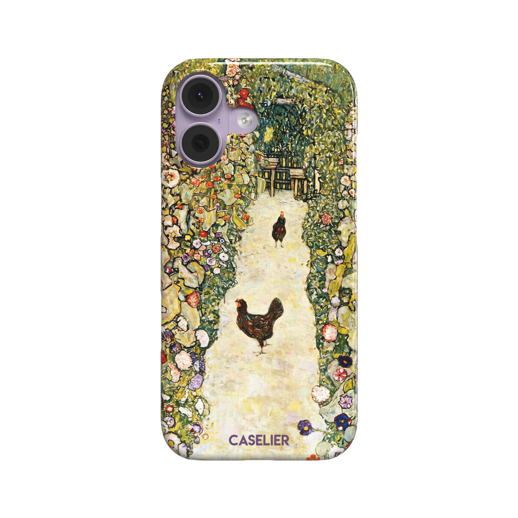 Gustav Klimt Garden Path with Chickens phone case showing a sun-lit garden path bordered by lush flowering plants and two brown hens, in warm greens, creams and multicolor blooms — snap case, front view