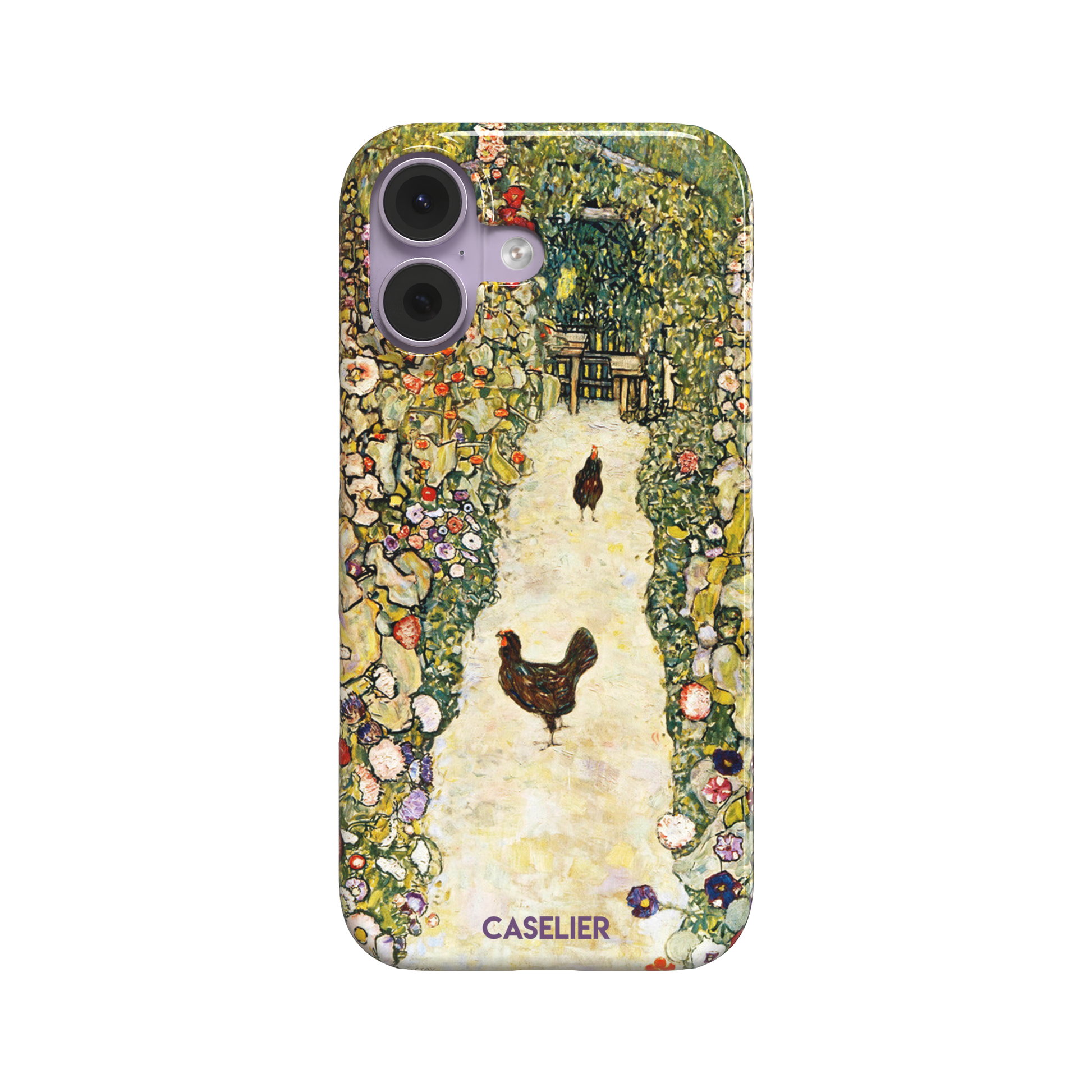 Gustav Klimt Garden Path with Chickens phone case showing a sun-lit garden path bordered by lush flowering plants and two brown hens, in warm greens, creams and multicolor blooms — snap case, front view