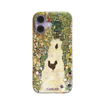 Gustav Klimt Garden Path with Chickens phone case showing a sun-lit garden path bordered by lush flowering plants and two brown hens, in warm greens, creams and multicolor blooms — snap case, front view