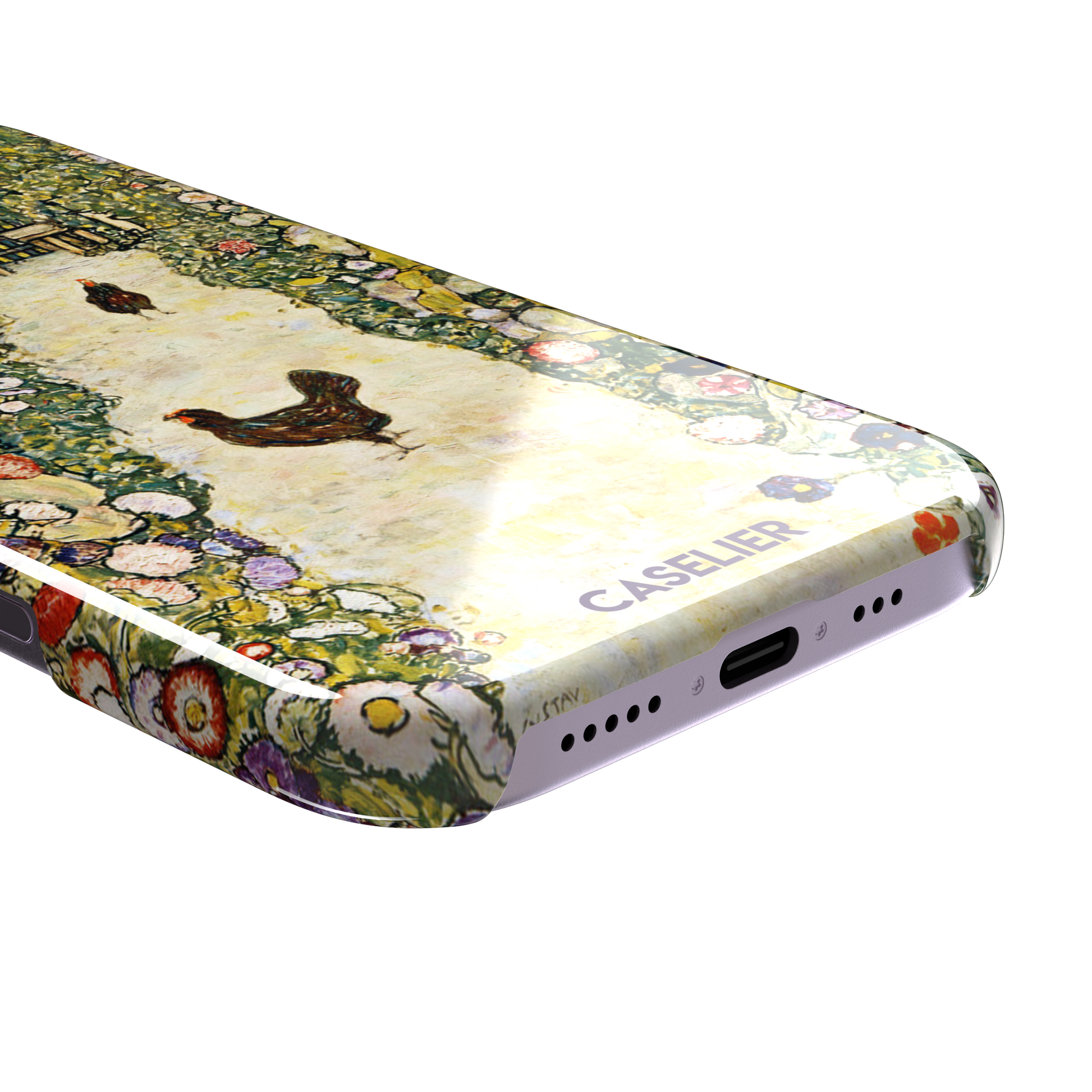 Gustav Klimt Garden Path with Chickens phone case showing a sun-lit garden path bordered by lush flowering plants and two brown hens, in warm greens, creams and multicolor blooms — snap case, charging port detail