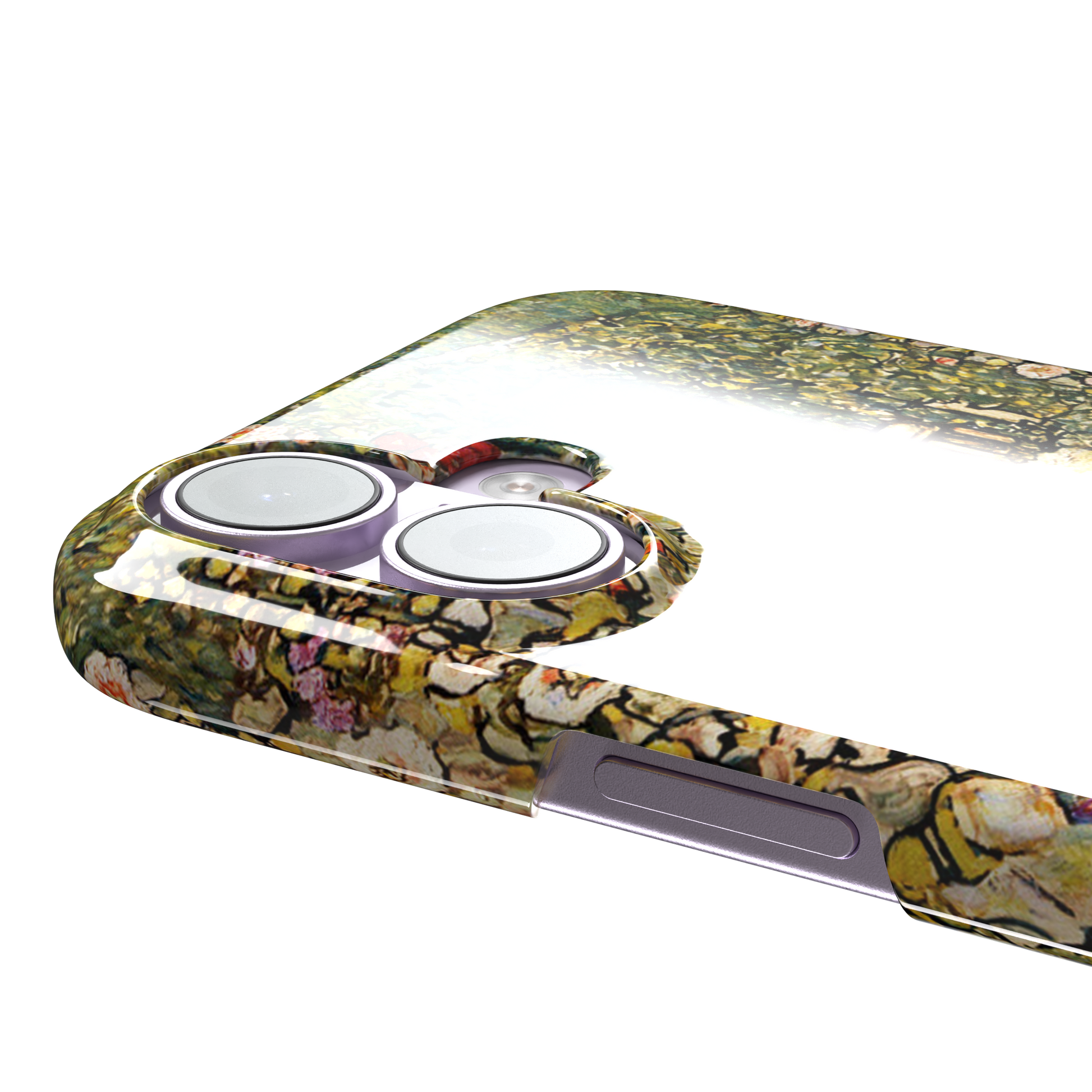 Gustav Klimt Garden Path with Chickens phone case showing a sun-lit garden path bordered by lush flowering plants and two brown hens, in warm greens, creams and multicolor blooms — snap case, volume buttons detail